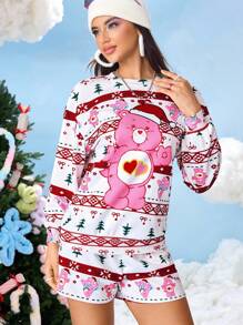 SHEIN X Care Bears 2pcs Women Christmas Cartoon Cute Bear Print Long Sleeve Top And Shorts Set Autumn Winter - Red - View 4
