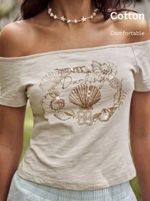 Easelle Áo thun hở vai thêu dành cho nữ - Màu be - Xem 3