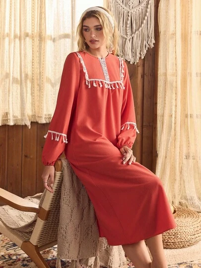  Lullawish 波西米亚宽松休闲长裙，女式长袖家居服连衣裙，Momo 流苏睡袍，秋季