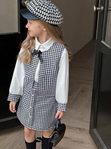 SHEIN Elladie kids 3 Stücke Mädchen (Kleine Größe) Hahnentrittmuster Schleife Ärmellose Weste Jacke, Langarm Kragen Lässig Beige Hemd Bluse mit Perlknöpfen, Hahnentrittmuster Rock Set, Frühling/Herbst Mode Outfit