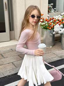 SHEIN Tween Girls White Ruffle Hem Mini Skirt, High Waist Pleated Skirt, Ballet Tutu Skirt, Party Dress, Streetwear, Summer/Autumn Skirt, White Skirt, Suitable For Girls White Mini Skirt - White - View 3