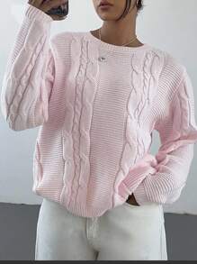 SHEIN TEENGIRL Loose Fit Crew Neck Long Sleeve Cable Knit Sweater, Casual College Style Pink Sweater For Girls Pink Sweater Tween Sweater For Tweens Teen Sweater Girls Pink Cable Knit Sweater Cropped Sweater Light Pink Sweater Aesthetic Sweater,In Fall/Winter