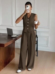Siren Gaze 女士纯色单排扣背心和裤子休闲套装 - 巧克力棕 - 查看 1