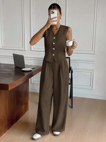 Siren Gaze Enfärgad enkelknäppt väst och byxor för kvinnor, casual set