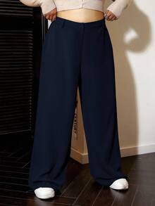 SHEIN EZwear Pantaloni casual larghi e morbidi di taglia comoda in blu navy per donne - Blu Navy - Visualizzare 1