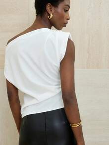 Aveloria Modichic Blusa sofisticada de estilo retro para oficina con diseño asimétrico de hombros, manga corta fruncida y cintura recogida - Blanco - Ver 2