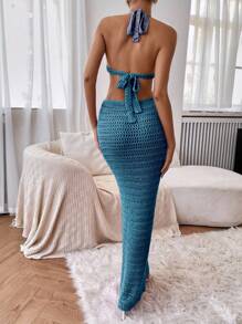 Breezaya 女式纯色短款钩针毛衣裙 - 水鴨藍 - 查看 2