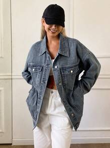 Livesso 女式宽松休闲翻领水洗牛仔夹克