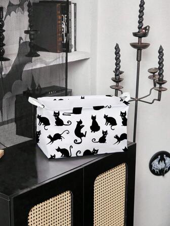 Kawaii 1pc White Base With Cute Black Cat Print Storage Basket, Suitable For Bedroom, Living Room, Bathroom, Halloween