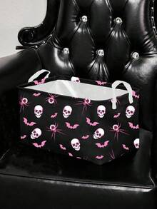 ROMWE Goth 1pc Halloween Black Background All-Over Eye, Spider, Skull, Bat Print Storage Basket, Suitable For Bedroom, Living Room, Bathroom - Black - View 6