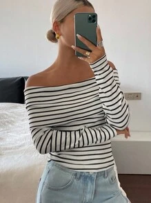 Livesso Women's Off Shoulder Striped Long Sleeve T-Shirt, Summer Fall Tops - Black and White - View 4