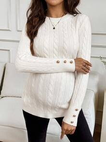 MaterniWear Maternity Elegant White Autumn Cable Knit Sweater For Pregnant Women,Long Sleeve Round Neck Twist Pattern Photoshoot Button Casual Winter Clothes - Apricot - View 4