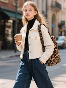 Girls Solid Color Versatile Minimalist Daily Wear Turndown Collar Jacket, Suitable For Autumn/Winter Fall