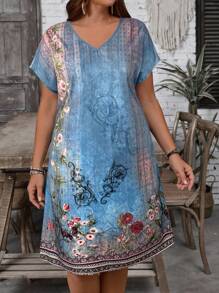 EMERY ROSE 大码女式碎花V领短袖休闲连衣裙 - 水鴨藍 - 查看 5