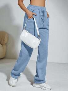 Flirla 女士纯色抽绳腰口袋直筒宽松休闲运动裤 - 淺藍色 - 查看 5