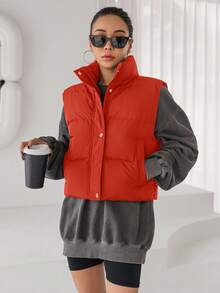 SHEIN Cottnline جاكيت صدرية كاجوال للنساء بجيب أمامي وسحاب، للشتاء - البرتقالي مرهق - مشاهدة 4