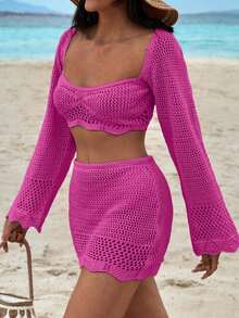 EURMUSE Hollow Out Mini Skirt & Top Cover Up Set - Violet Purple - View 3