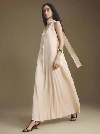 Ontre Vestido elegante y suelto de unicolor con cuello en V y sin mangas para mujer