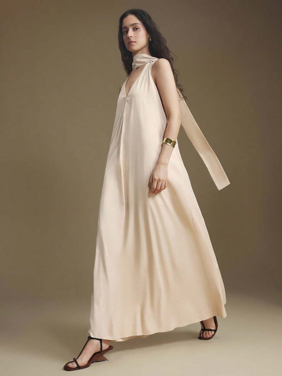 Ontre Vestido elegante y suelto de unicolor con cuello en V y sin mangas para mujer - Albaricoque - Ver 1