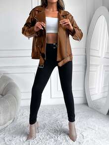 RueChic Zip Up Belted PU Leather Moto Jacket - Brown - View 4
