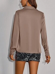 Allurite 春季休閒純色長袖襯衫 - 棕色 - 查看 2