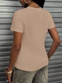SHEIN Áo thun cổ tròn tay ngắn in chữ và phối màu thời trang mùa hè dành cho nữ - Màu Khaki - Xem 2