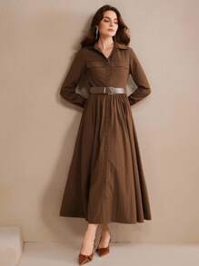 Anewsta French Retro Long Sleeve Belted Long Shirt Dress - Coffee - View 5