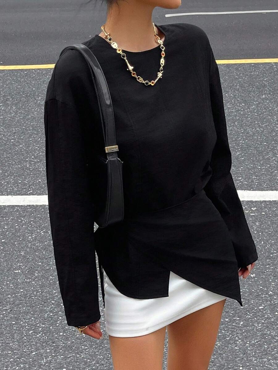 DAZY 女式纯色圆领长袖不对称下摆时尚衬衫，秋季女装 - 黑色 - 查看 1