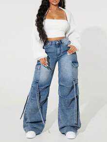 SHEIN ICON Damen Cargo Jeans in Große Größen mit Plissee-Weitem Bein und locker Passform - Blau - Übersicht 8
