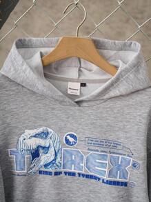 Discovery X SHEIN Women's Letter & Dinosaur Pattern Hooded Long Sleeve Sweatshirt - Light Grey - View 3
