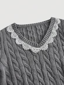 Skyraze Casual Versatile Lace Trim Gray Sweater Sweater For Women Cable Knit Sweater Lace Trim Sweater Tennis Sweater,Jumpers Pullover Back-To-School Clothing Casual Daily Wear,Tops,Brunch Women,Renaissance Fair,Concert Women, In Fall/Winter - Grey - View 5