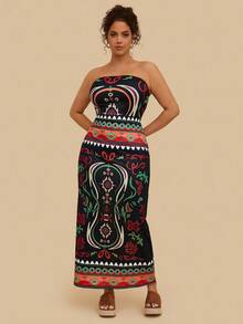 SHEIN VCAY Plus Size Women's Black Print Dress, Knit Stretchy Dress, Autumn Nomadic Boho Dress Strapless Midi Dress Tube Dresses For Women Mexican Dress Women Printed Strapless Dress Boho Maxi Dress Fall  Autumn  Elegant Dresses For Women Civil Wedding Dress Curvy Party Dresses Sunny Journey Frenchy Vacay Dress Summer Getaway​  Vacay Vibes