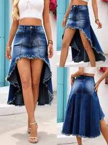 EMERY ROSE Minifalda de mezclilla de moda con cintura alta, dobladillo deshilachado y dobladillo asimétrico para mujer - Azul lavado oscuro - Ver 1