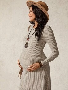Boho Mama 孕妇纯色圆领长袖罗纹休闲连衣裙 - 卡其色 - 查看 7