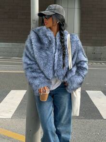 Muchica 秋冬女士蓝色长袖休闲蓬松仿皮草夹克 - 藍色 - 查看 6