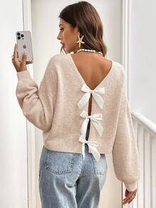 Serisse Women's Solid Color Bow Decor Long Sleeve Sweater Autumn Winter Clothes For Women Casual Spring - Beige - View 3
