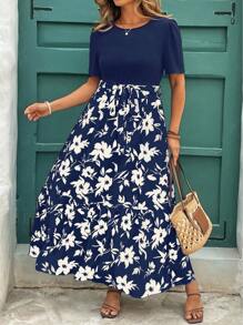 Reflora Kleid mit Blume Muster, Rüschensaum und Kurzarm in Große Größen