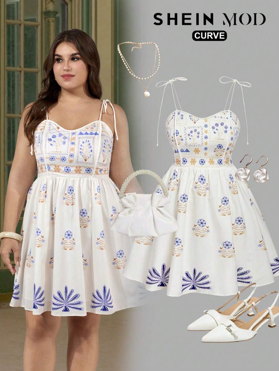 SHEIN MOD Váy buộc vai in hoa ngày lễ cỡ lớn - Nhiều màu - Xem 1