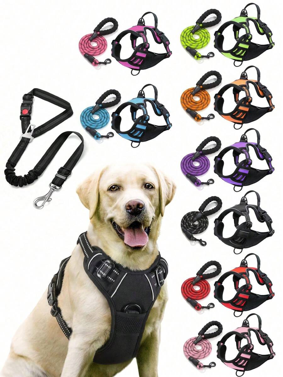 Hundsele, justerbar mjuk vadderad väst, reflekterande oxfordväst med kvävningsskydd, handtag och bilbältesögla (valfritt) – Inkluderar gratis kraftigt koppel på 1,5 meter