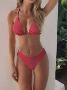 SHEIN Set de 2 bikinis a cuadros con corte alto y nudo lateral, traje de baño de mujer para vacaciones en la playa