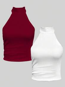 Chiquease Bộ 2 áo croptop không tay hở lưng màu trắng và đỏ rượu vang, thích hợp làm áo sinh nhật, áo gợi cảm cho buổi hẹn hò, áo dự tiệc, áo đi chơi, áo dự tiệc cocktail, áo cổ yếm không thể thiếu cho các bữa tiệc. - Nhiều màu - Xem 1