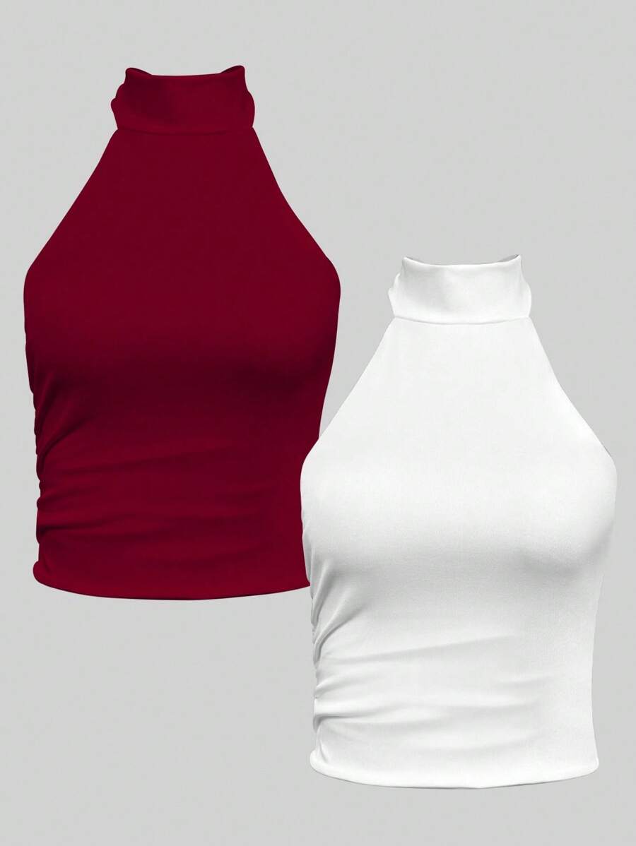 Chiquease Bộ 2 áo croptop không tay hở lưng màu trắng và đỏ rượu vang, thích hợp làm áo sinh nhật, áo gợi cảm cho buổi hẹn hò, áo dự tiệc, áo đi chơi, áo dự tiệc cocktail, áo cổ yếm không thể thiếu cho các bữa tiệc. - Nhiều màu - Xem 1