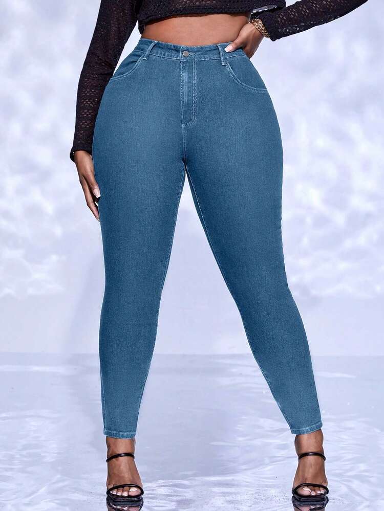Plus Size Women High Waist Skinny Casual Versatile Jeans - Light Wash - View 2