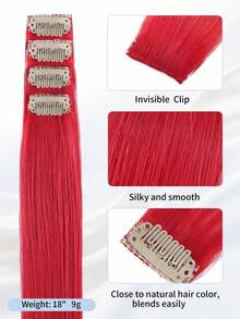 SMART&MATCH 7PCS With 20 Clips Color 1B# Natural Black 115G And 4PCS RED Colored Straight Clip In Hair Extensions 100% Real Human Hair 18 Inch Double Weft Invisiable Clip Hair Extensions Remy Natural Human Hair Highlight Colorful For Women /Girls Daily Use - S1B+RED - View 5