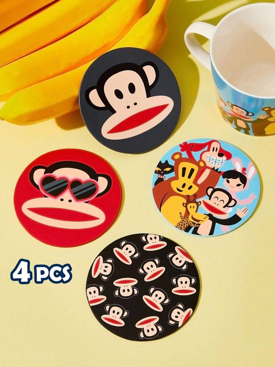 Paul Frank X SHEIN 4件套卡通猴子印花PU皮革杯垫，办公桌装饰，隔热，猴子，时尚 - 彩色 - 查看 1