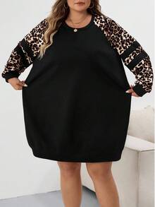 SHEIN CURVE+ Vestido de sudadera casual con mangas raglán y parches de estampado de leopardo para mujer de talla grande en otoño/invierno - Multicolor - Ver 8