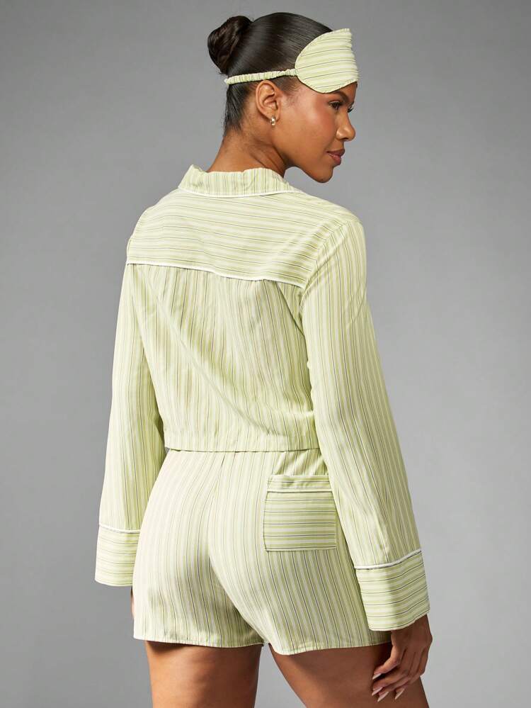 MISSGUIDED Striped Pajama Set Long Sleeve Button Down Shirt And Drawstring Shorts Two Pieces Sleep Set With Eye Mask Perfect For Loungewear Sleepwear, Fall Clothes