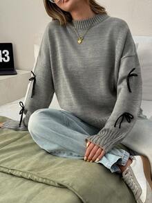 EURMUSE Women's Casual Long Sleeve Sweater With Bow Tie, Autumn/Winter Gray Sweater Women's Sweater Knit Top Jumper Gray Top,Jumpers,Women's Jumpers - Grey - View 4