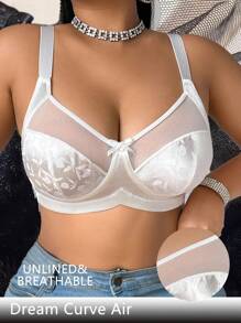 DesireSculpt Plus Size Mesh Patchwork Jacquard Wireless Bra, Lift - White - View 6