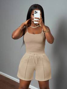 Slaydiva New Spring And Summer Casual Basic Sports Style U-Neck Suspender Vest + Five-Point Trousers With Tooth Strips Decorative Sweatpants White Women's Two Pieces Set-A - Apricot - View 7